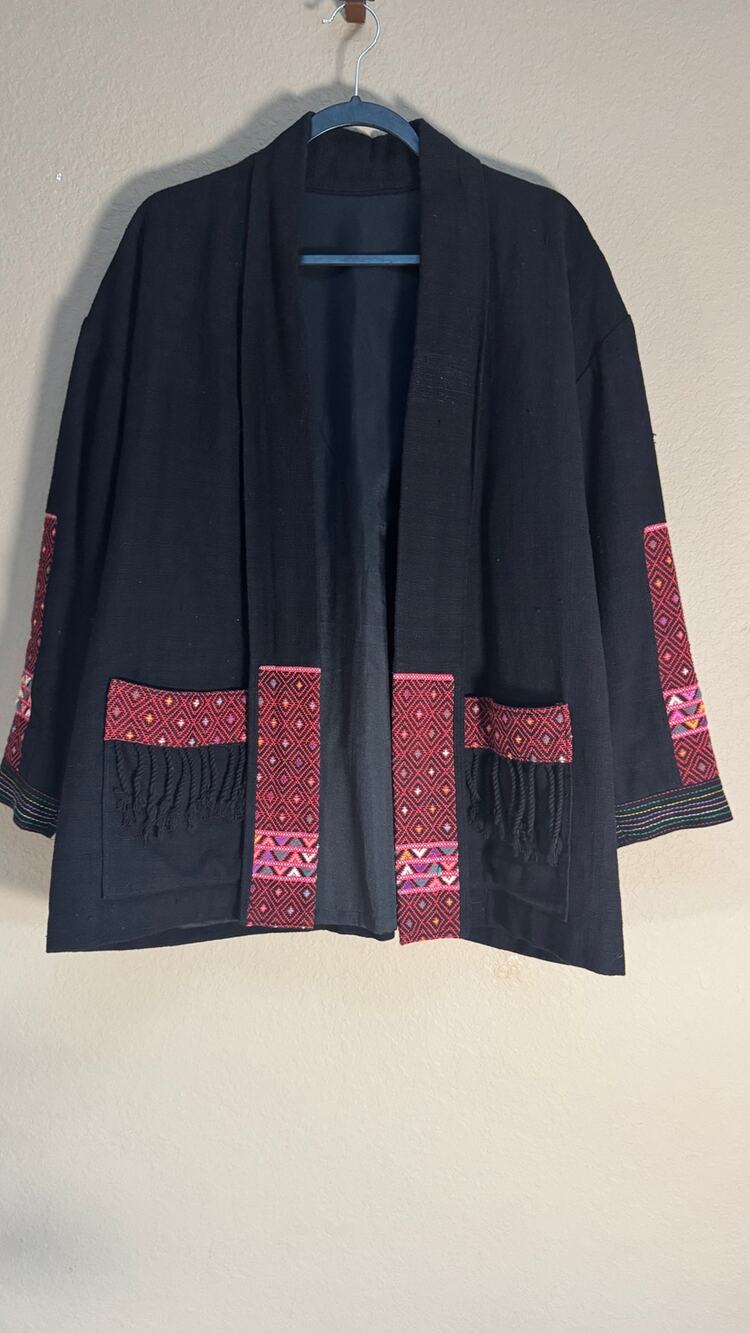 Hand Woven Natural Fiber Tapestry Open-Front Kimono Type Jacket